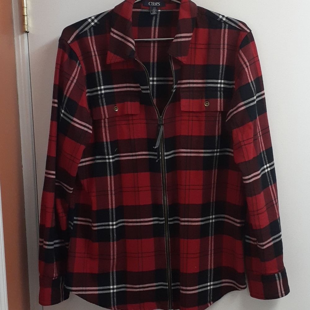 Chaps Zippered Plaid LS Shirt, Size L